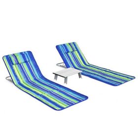 3 Pieces Beach Lounge Chair Mat Set 2 Adjustable Lounge Chairs with Table Stripe-Green